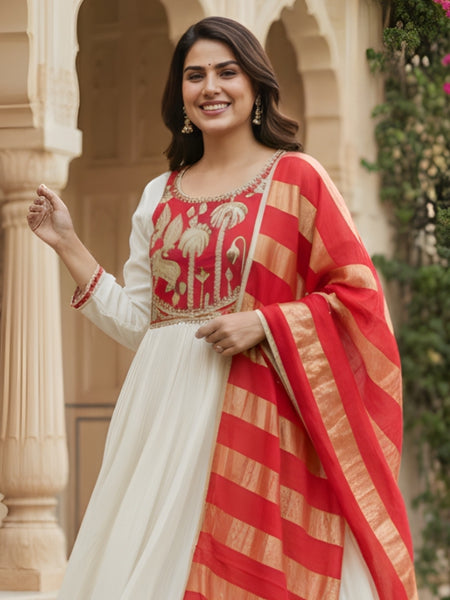 Women's Embroidered Silk Flared Kurta with Pant & Jacquard Jari Dupatta Set