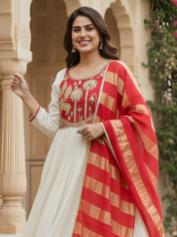 Women's Embroidered Silk Flared Kurta with Pant & Jacquard Jari Dupatta Set