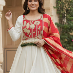 Women's Embroidered Silk Flared Kurta with Pant & Jacquard Jari Dupatta Set