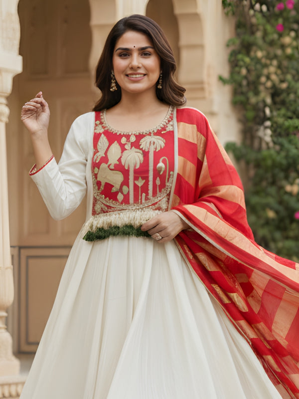 Women's Embroidered Silk Flared Kurta with Pant & Jacquard Jari Dupatta Set