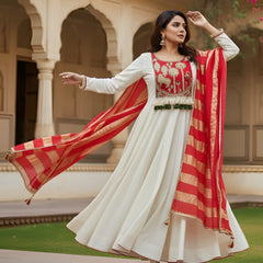 Women's Embroidered Silk Flared Kurta with Pant & Jacquard Jari Dupatta Set