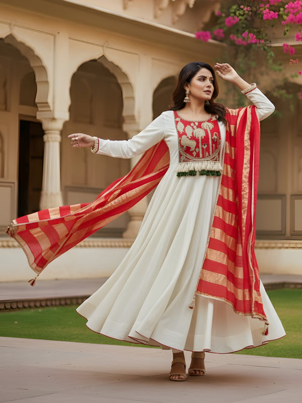 Women's Embroidered Silk Flared Kurta with Pant & Jacquard Jari Dupatta Set