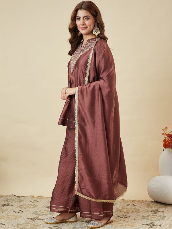 Women's Vichitra Silk Kurta Pant Set With Vichitra Silk Dupatta