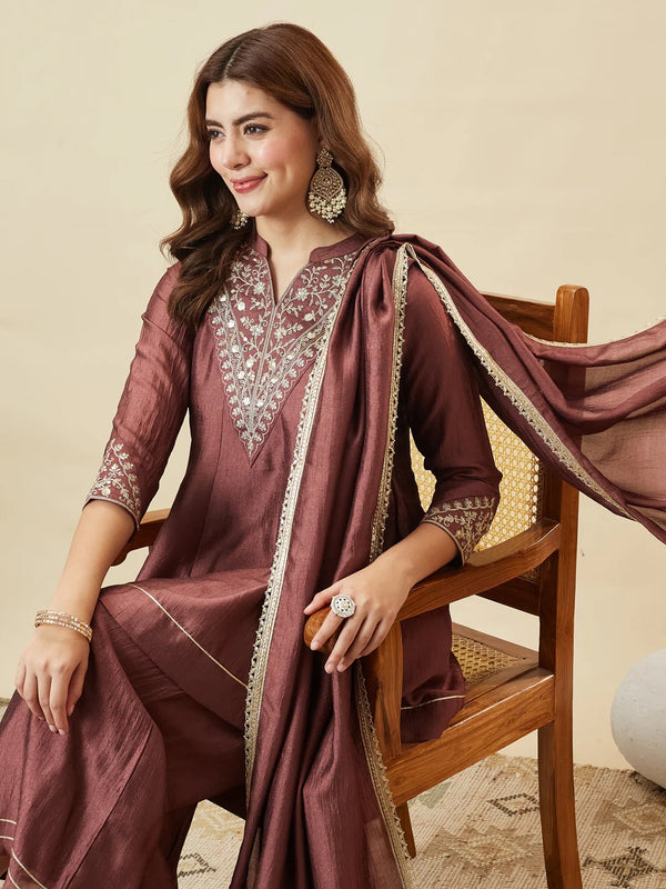 Women's Vichitra Silk Kurta Pant Set With Vichitra Silk Dupatta
