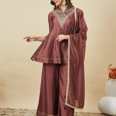 Women's Vichitra Silk Kurta Pant Set With Vichitra Silk Dupatta