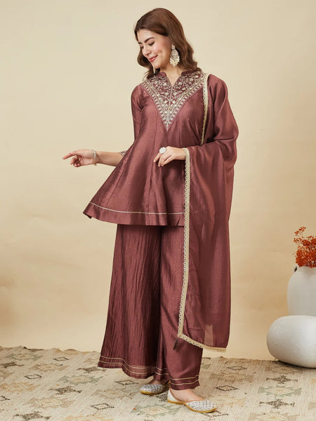 Women's Vichitra Silk Kurta Pant Set With Vichitra Silk Dupatta