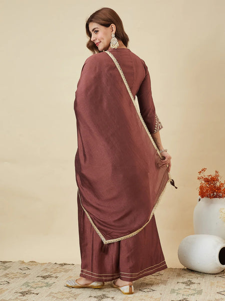 Women's Vichitra Silk Kurta Pant Set With Vichitra Silk Dupatta
