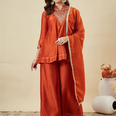 Women's Vichitra Silk Kurta Pant Set With Vichitra Silk Dupatta
