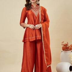 Women's Vichitra Silk Kurta Pant Set With Vichitra Silk Dupatta