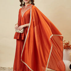 Women's Vichitra Silk Kurta Pant Set With Vichitra Silk Dupatta