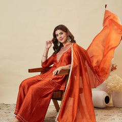 Women's Vichitra Silk Kurta Pant Set With Vichitra Silk Dupatta