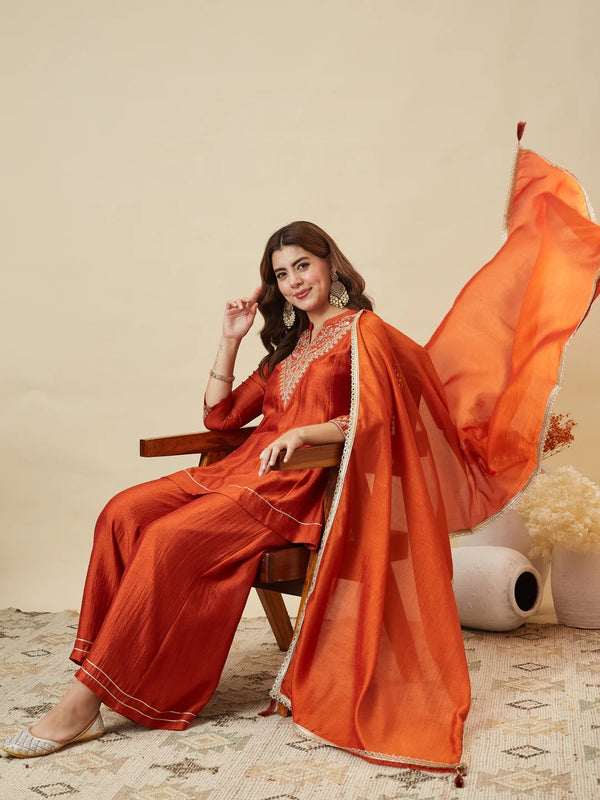 Women's Vichitra Silk Kurta Pant Set With Vichitra Silk Dupatta