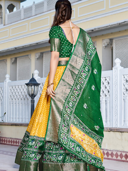 Women's Heavy Lichi Jacquard Lehenga Choli with Jari Print & Dupatta