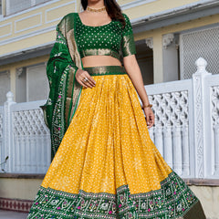 Women's Heavy Lichi Jacquard Lehenga Choli with Jari Print & Dupatta