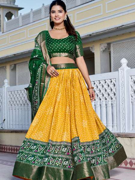 Women's Heavy Lichi Jacquard Lehenga Choli with Jari Print & Dupatta