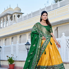 Women's Heavy Lichi Jacquard Lehenga Choli with Jari Print & Dupatta