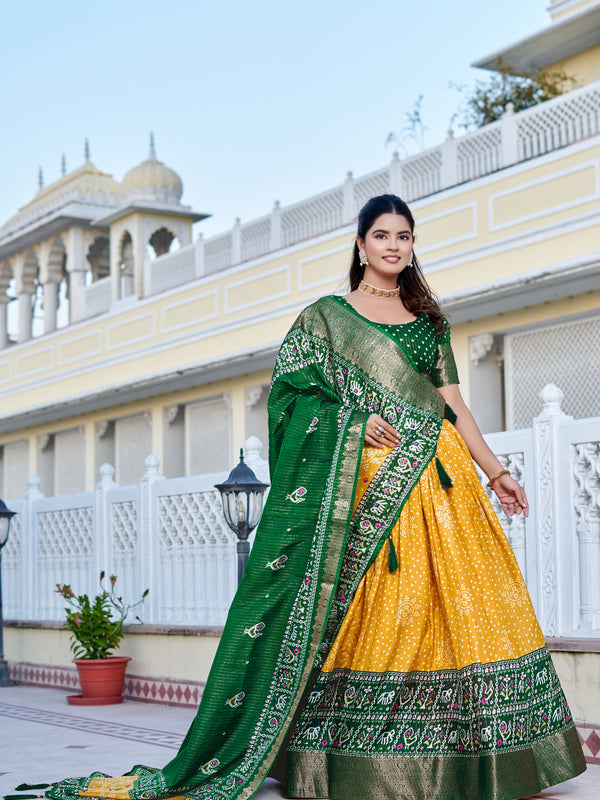 Women's Heavy Lichi Jacquard Lehenga Choli with Jari Print & Dupatta
