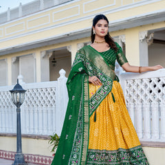 Women's Heavy Lichi Jacquard Lehenga Choli with Jari Print & Dupatta