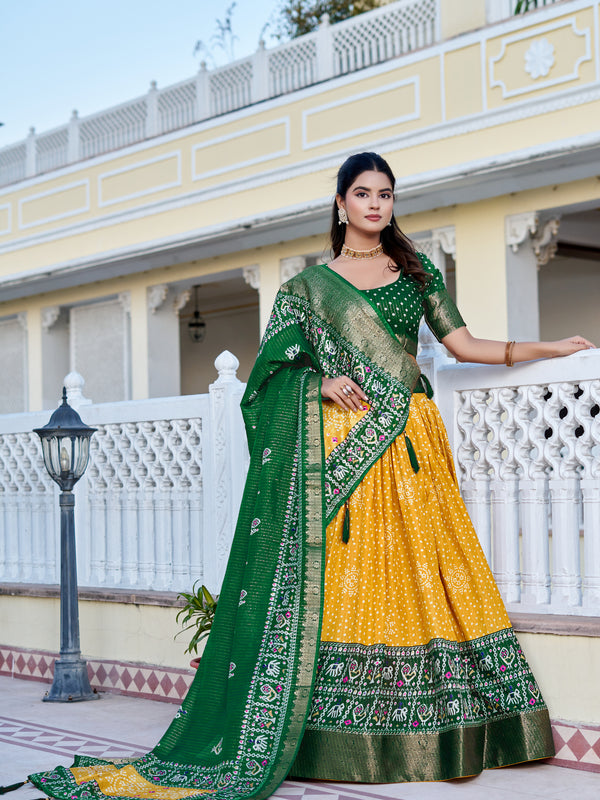 Women's Heavy Lichi Jacquard Lehenga Choli with Jari Print & Dupatta