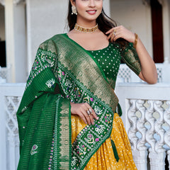 Women's Heavy Lichi Jacquard Lehenga Choli with Jari Print & Dupatta