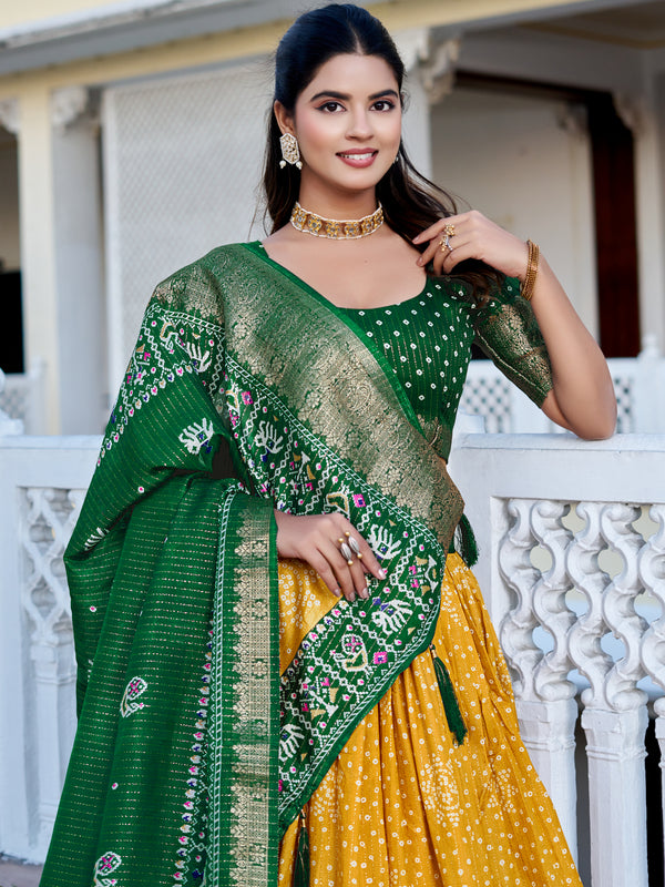 Women's Heavy Lichi Jacquard Lehenga Choli with Jari Print & Dupatta