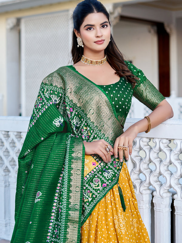 Women's Heavy Lichi Jacquard Lehenga Choli with Jari Print & Dupatta