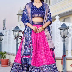 Women's Heavy Lichi Jacquard Lehenga Choli with Jari Print & Dupatta