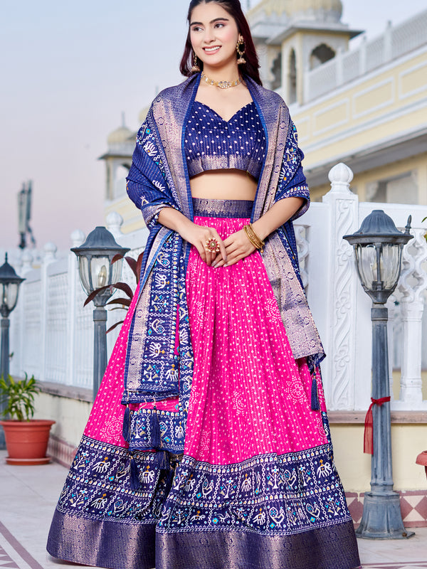Women's Heavy Lichi Jacquard Lehenga Choli with Jari Print & Dupatta