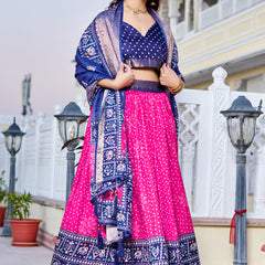 Women's Heavy Lichi Jacquard Lehenga Choli with Jari Print & Dupatta