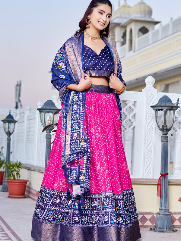 Women's Heavy Lichi Jacquard Lehenga Choli with Jari Print & Dupatta