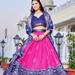 Women's Heavy Lichi Jacquard Lehenga Choli with Jari Print & Dupatta