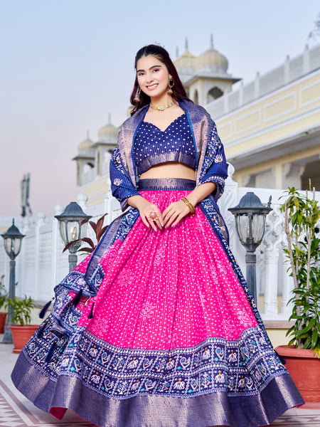 Women's Heavy Lichi Jacquard Lehenga Choli with Jari Print & Dupatta