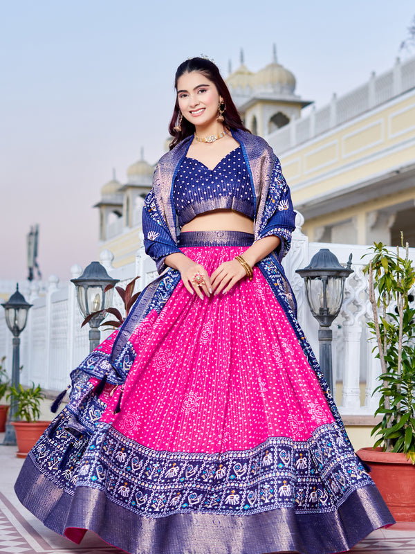 Women's Heavy Lichi Jacquard Lehenga Choli with Jari Print & Dupatta