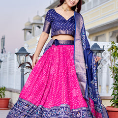 Women's Heavy Lichi Jacquard Lehenga Choli with Jari Print & Dupatta