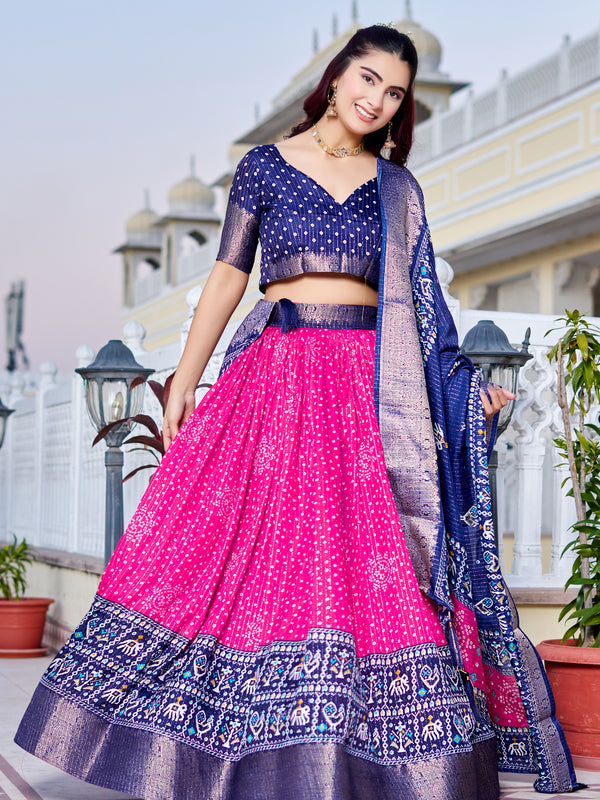 Women's Heavy Lichi Jacquard Lehenga Choli with Jari Print & Dupatta
