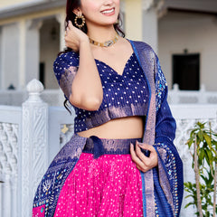 Women's Heavy Lichi Jacquard Lehenga Choli with Jari Print & Dupatta