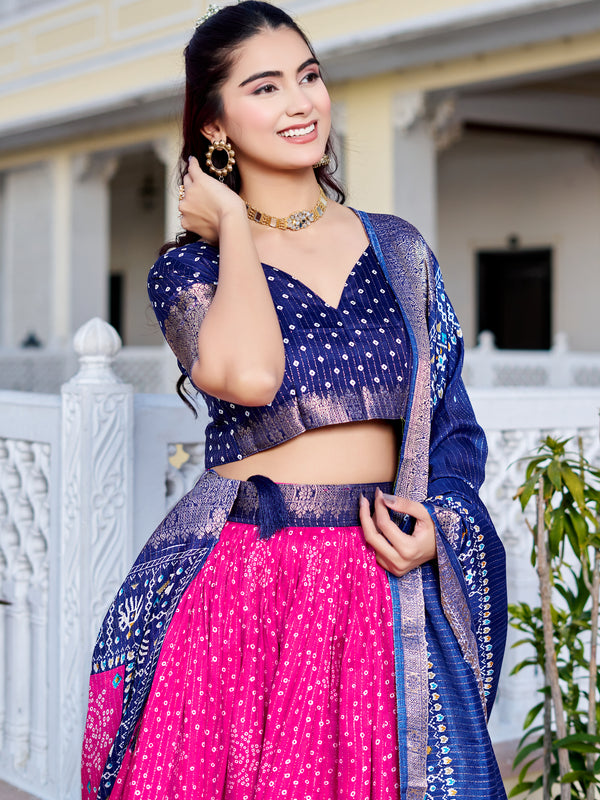 Women's Heavy Lichi Jacquard Lehenga Choli with Jari Print & Dupatta