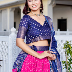 Women's Heavy Lichi Jacquard Lehenga Choli with Jari Print & Dupatta