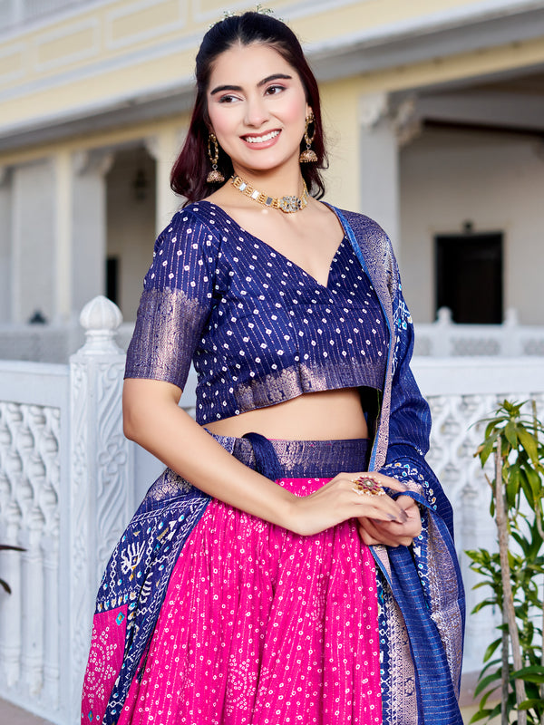 Women's Heavy Lichi Jacquard Lehenga Choli with Jari Print & Dupatta