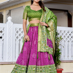 Women's Heavy Lichi Jacquard Lehenga Choli with Jari Print & Dupatta