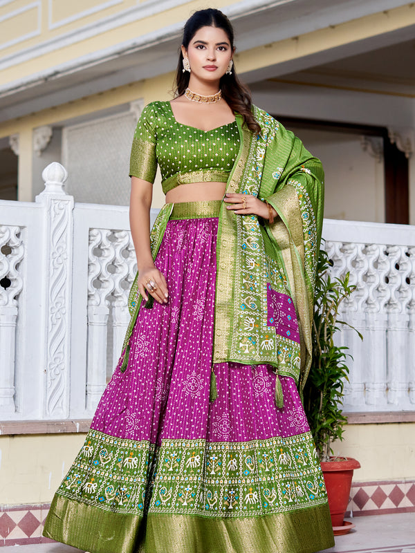 Women's Heavy Lichi Jacquard Lehenga Choli with Jari Print & Dupatta