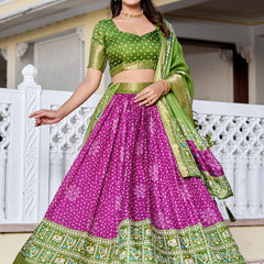 Women's Heavy Lichi Jacquard Lehenga Choli with Jari Print & Dupatta