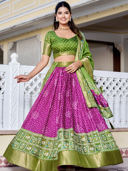 Women's Heavy Lichi Jacquard Lehenga Choli with Jari Print & Dupatta