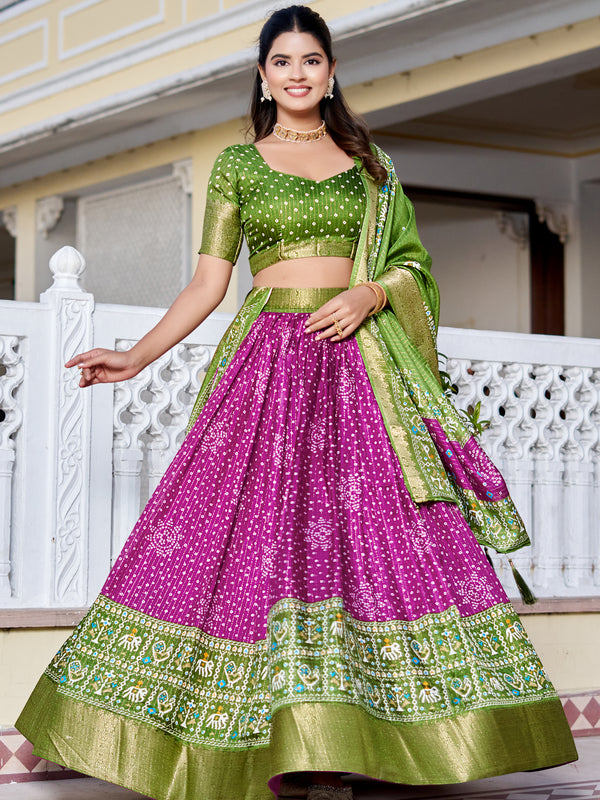 Women's Heavy Lichi Jacquard Lehenga Choli with Jari Print & Dupatta