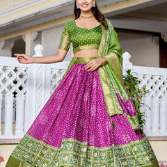 Women's Heavy Lichi Jacquard Lehenga Choli with Jari Print & Dupatta