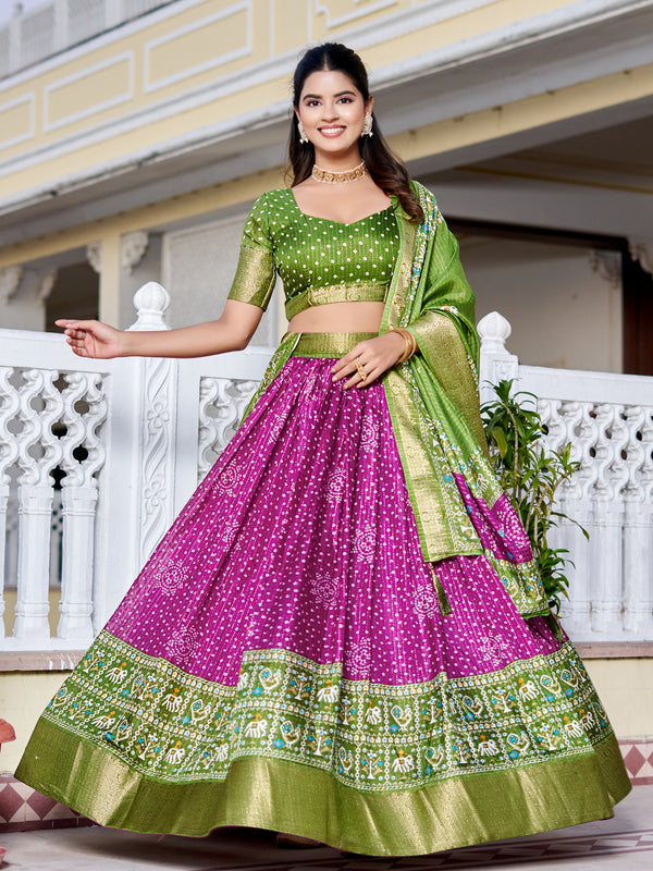 Women's Heavy Lichi Jacquard Lehenga Choli with Jari Print & Dupatta