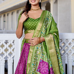 Women's Heavy Lichi Jacquard Lehenga Choli with Jari Print & Dupatta