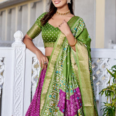 Women's Heavy Lichi Jacquard Lehenga Choli with Jari Print & Dupatta