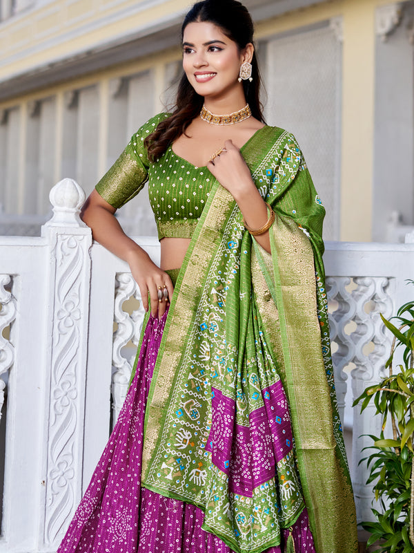 Women's Heavy Lichi Jacquard Lehenga Choli with Jari Print & Dupatta