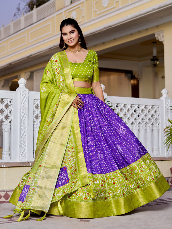 Women's Heavy Lichi Jacquard Lehenga Choli with Jari Print & Dupatta